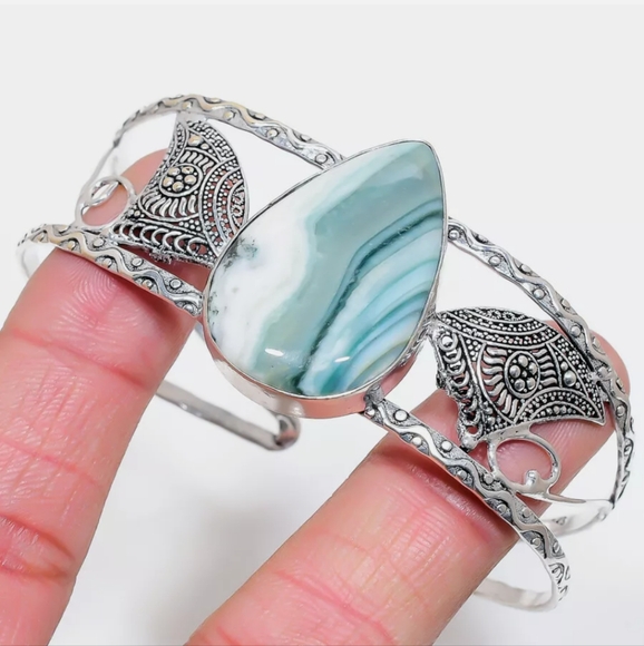 Green Lace Agate Gemstone 925 Silver Plated Adjustable Handmade Bracelet - Picture 1 of 3